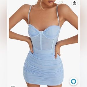 Rouched Sheer Bustier Mini Dress in Blue